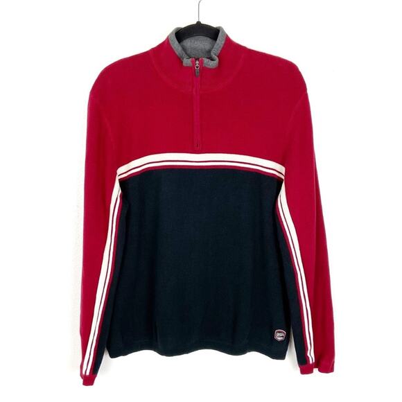 Y2K Eddie Bauer Men’s Quarter-Zip Pullover Sweater Colorblock Medium Black Red - Picture 2 of 7